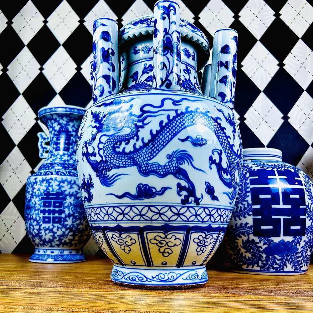 Grand Tulipière 15" Blue & White Chinoiserie Dragon Vase Porcelain Multi-Spout - Picture 16 of 17